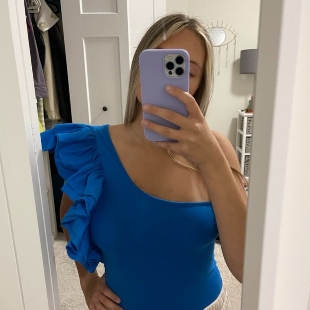Zara Blue One Sleeve Ruffle Bodysuit